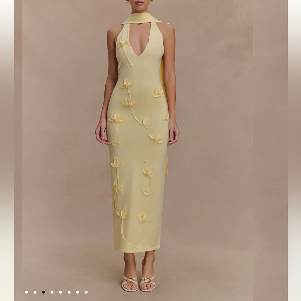Meshki Wynn Midi Dress in Lemon with Floral Accents XS